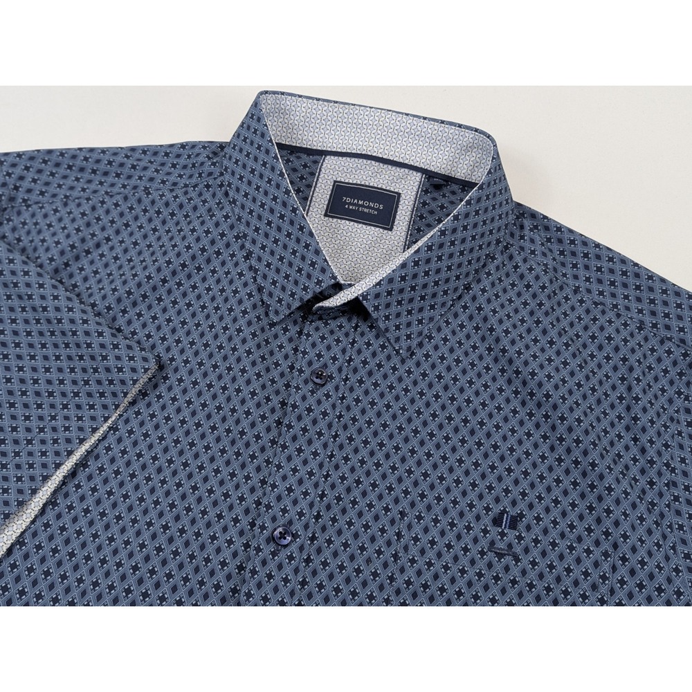 7 Diamonds 4 Way Stretch Shirt Mens 2XL Geometric‎ Blue Button Up Short Sleeve